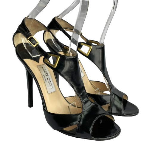 JIMMY CHOO Black Patent Leather Cut Out Ankle Strap Sandals, Size 40