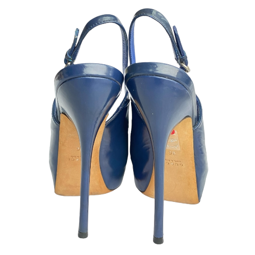 GUCCI Navy Patent Leather Peep Toe Slingback Platform Pumps, Size 36
