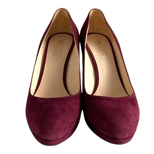 PRADA Burgundy Suede Platform Pumps, Size 39