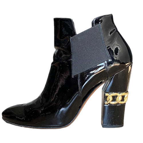 CASADEI Black Patent Leather Gold Chain Accent Block Heel Boots, Size 40