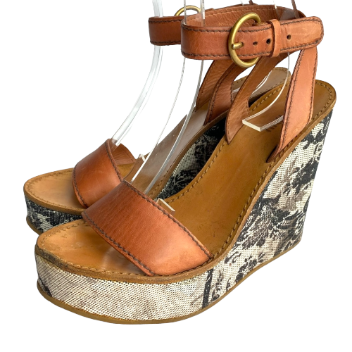 MIU MIU Brown Leather Strappy Floral Printed Canvas Wedge Heel Sandals, Size 37