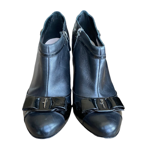 SALVATORE FERRAGAMO Black Leather Patent Bow & Buckle Detail Ankle Boots, 40