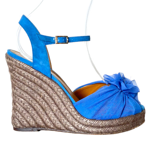 FENDI Blue Mesh Fabric & Suede Wedge Espadrille Ankle Strap Sandals, 39