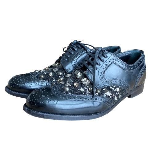 DOLCE & GABBANA Black Brogue Leather Studded Embellished Lace Oxfords, Size 38.5