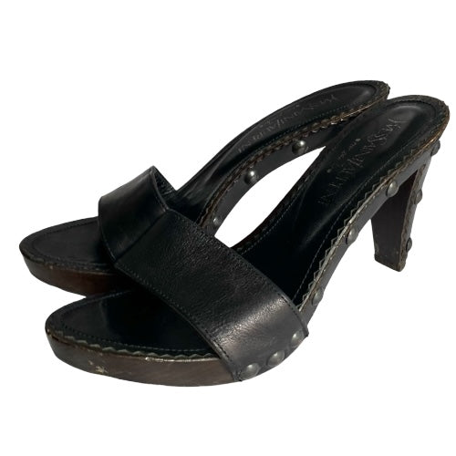 YSL YVES SAINT LAURENT Black Leather Strappy, Wood Clog Platform Mules, Size 37