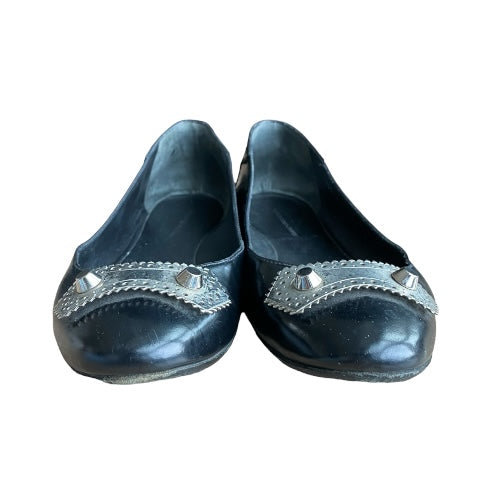 BALENCIAGA Arena Black Brogue Glossy Leather Metal Ballet Flats, Size 37