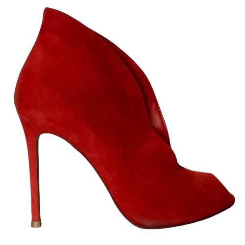 GIANVITO ROSSI Red Suede Vamp Peep Toe Booties, Size 37