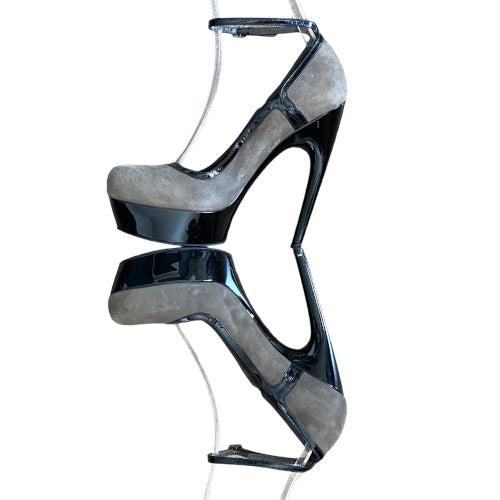 ALEXANDER MCQUEEN Gray Suede Ankle Strap Platform Horn Heel Pumps, Size 37