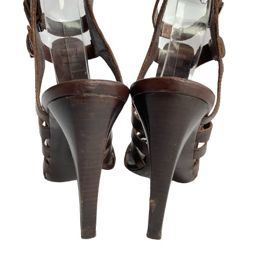 BALENCIAGA Dark Brown Leather Gladiator Strappy Sandals, Size 39.5