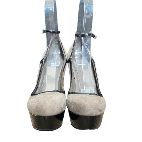 ALEXANDER MCQUEEN Gray Suede Ankle Strap Platform Horn Heel Pumps, Size 37