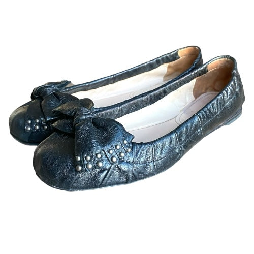 PRADA Black Leather Studded Bow Detail Ballet Flats, Size 39