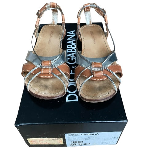 DOLCE & GABBANA Brown & Silver Strappy Slingback Flat Sandals, Size 37