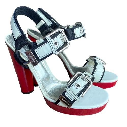 DOLCE & GABBANA Off White & Black & Red Patent Leather Strappy Sandals, Size 39