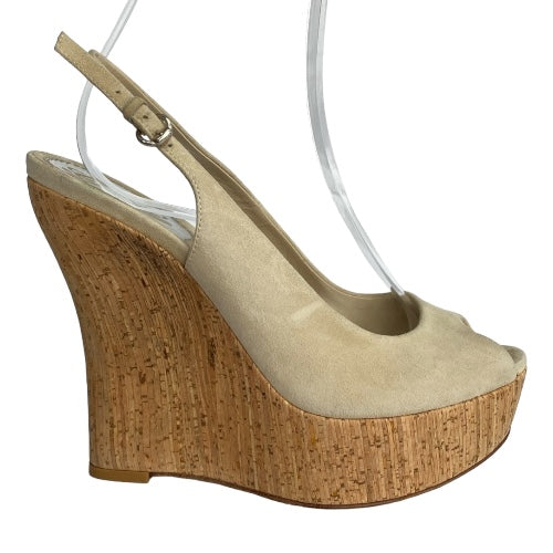 GUCCI Beige Suede Slingback Cork Heel Wedge Sandals, Size 36.5