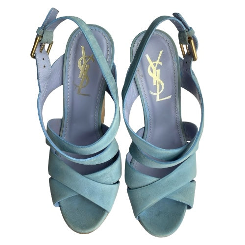YVES Saint Laurent Lauren Blue Suede Crisscross Strappy Cork Wedge Sandals, 36.5