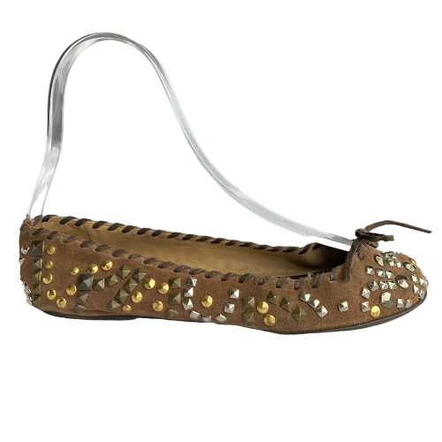 DOLCE & GABBANA Brown Nubuck Gold & Silver Studded Ballet Flats, Size 37