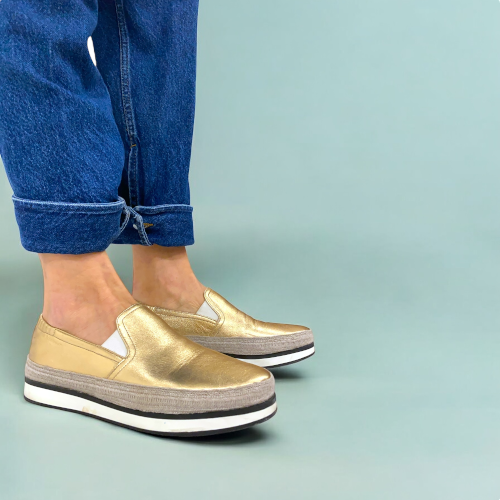 PRADA Metallic Gold Leather Espadrille Flats, Size 36