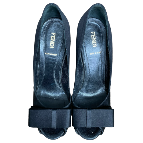 FENDI Black Satin Bow Peep Toe Platform Pumps, Size 37.5