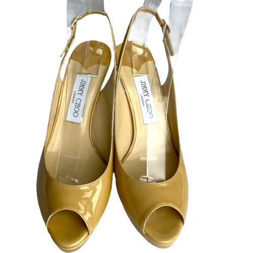 JIMMY CHOO Shaw Nude Patent Leather Vita Peep-Toe Slingback Pumps, Size 38.5