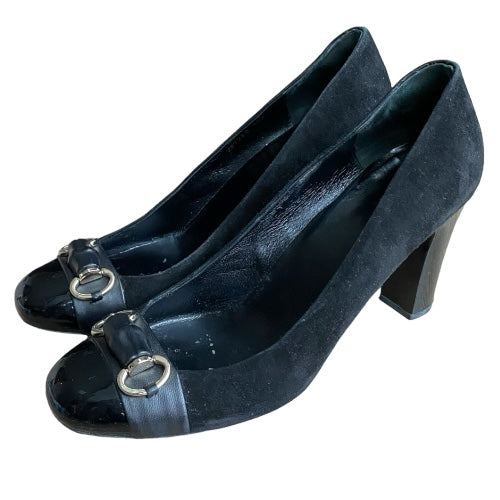 GUCCI Black Suede Horsebit Patent Leather Cap Toe & Heeled Pumps, Size 40.5
