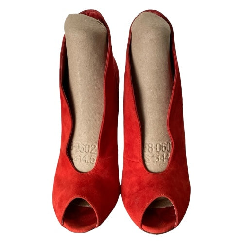 GIANVITO ROSSI Red Suede Vamp Peep Toe Booties, Size 37