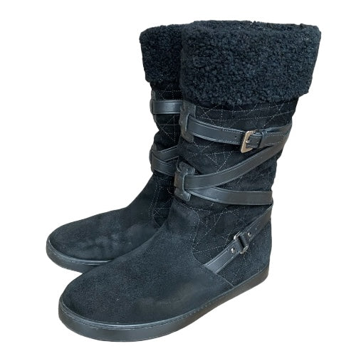 CHRISTIAN DIOR Black Soft Cannage Shearling Trim High Boots, Size 36.5