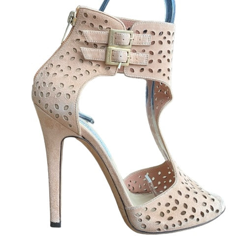 JIMMY CHOO Peach Pink Laser Cut Suede T Strap Peep Toe Sandals, Size 37.5