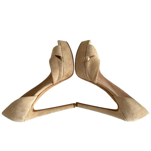 MIU MIU Beige Suede Crisscross Straps Peep Toe Half D'orsay Platform Pumps, 39