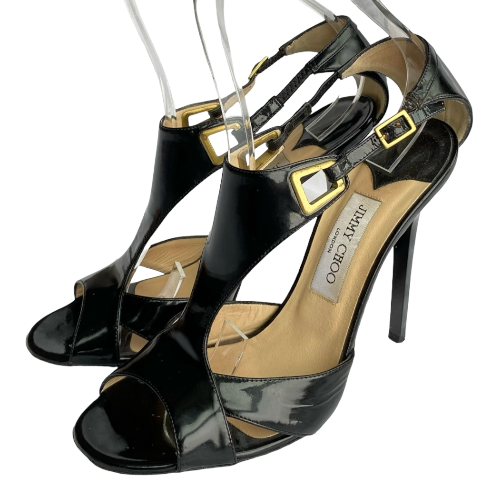 JIMMY CHOO Black Patent Leather Cut Out Ankle Strap Sandals, Size 40