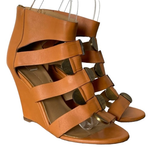 BALENCIAGA Camel Leather Strappy Gladiator Bronze Buckle Wedge Sandals, Size 40