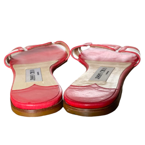 JIMMY CHOO Red & White Leather Flat Sandals, Size 36
