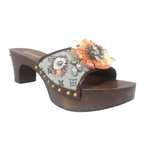 LOUIS VUITTON Gray Monogram Canvas w Rhinestone & Raffia Clog Mules, Size 37.5