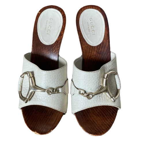 GUCCI Beige Leather Horsebit Icon Bit Wood Clogs, Size 35