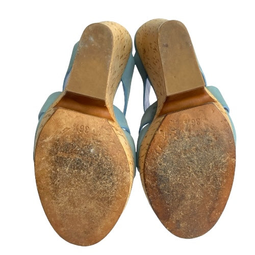 YVES Saint Laurent Lauren Blue Suede Crisscross Strappy Cork Wedge Sandals, 36.5