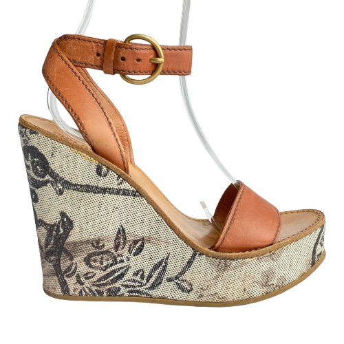 MIU MIU Brown Leather Strappy Floral Printed Canvas Wedge Heel Sandals, Size 37
