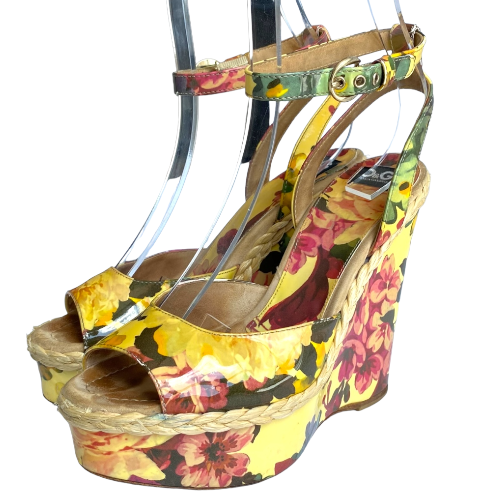DOLCE & GABBANA Multicolor Patent Leather Floral Print Wedge Sandals, Size 38