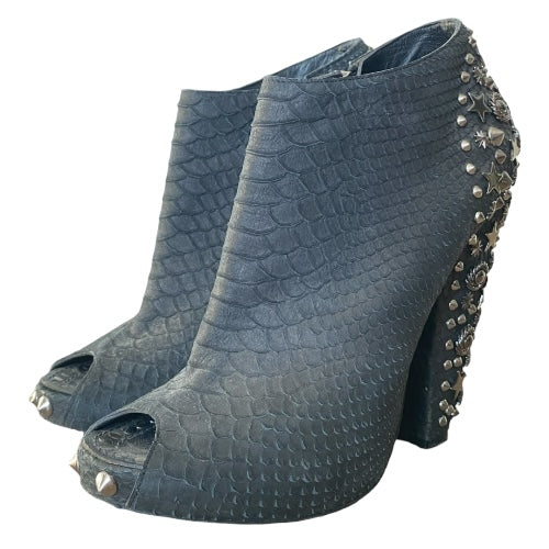 GIVENCHY Black Python Leather Studded Peep Toe Ankle Booties, Size 38