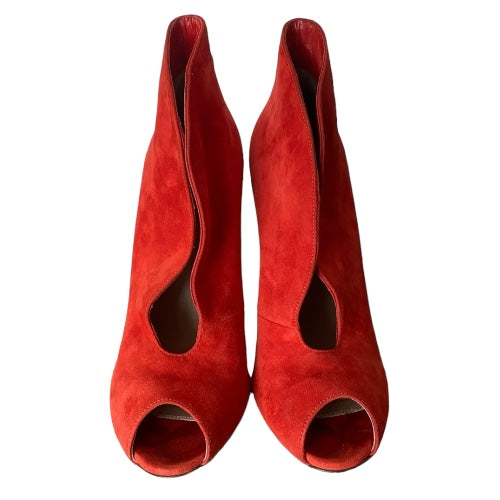GIANVITO ROSSI Red Suede Vamp Peep Toe Booties, Size 37