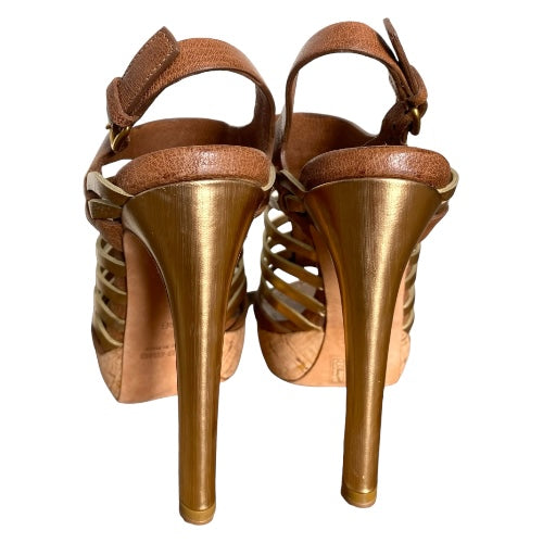 NEW MIU MIU Brown & Gold Leather Strappy Cork Platform Heel Sandals, Size 36