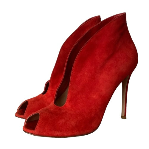 GIANVITO ROSSI Red Suede Vamp Peep Toe Booties, Size 37