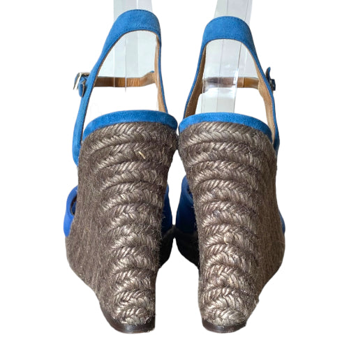 FENDI Blue Mesh Fabric & Suede Wedge Espadrille Ankle Strap Sandals, 39