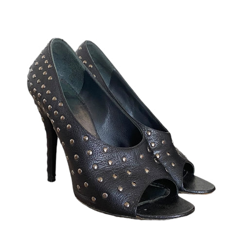 GIVENCHY Black Leather Studded Open Toe Pumps, Size 39
