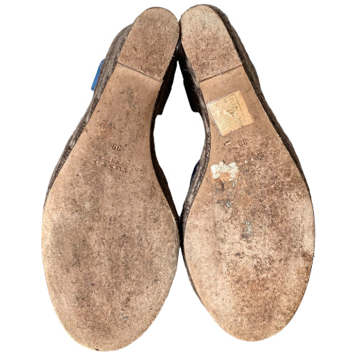 FENDI Blue Mesh Fabric & Suede Wedge Espadrille Ankle Strap Sandals, 39