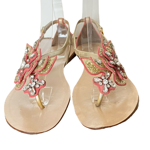 MIU MIU Gold Glitter Coral Pink Crystal Leather Flower Flat Sandals, Size 37