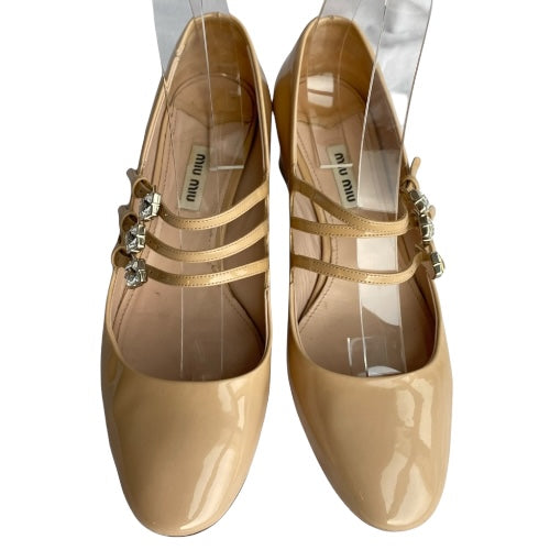 MIU MIU Beige Patent Leather Crystal Strap Mary Jane Low Heel Pumps, Size 38