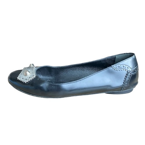 BALENCIAGA Arena Black Brogue Glossy Leather Metal Ballet Flats, Size 37
