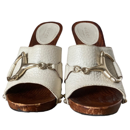 GUCCI Beige Leather Horsebit Icon Bit Wood Clogs, Size 35