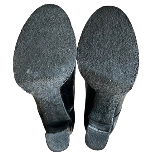 BALENCIAGA Black Patent Leather Lace Up Block Heel Ankle Booties, Size 40