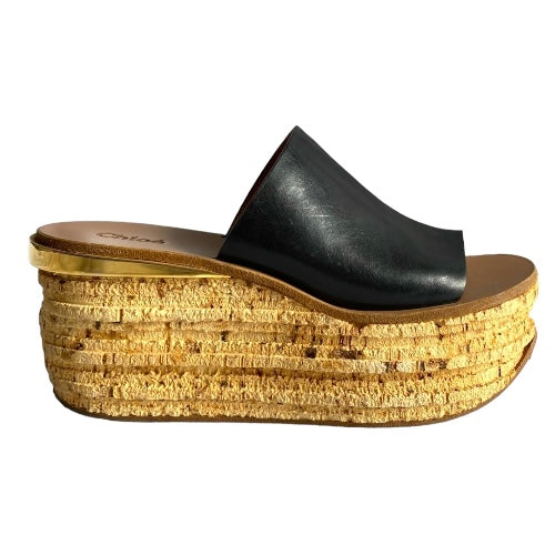 CHLOE Black Leather Cork Wedge Platform Slide Sandals, Size 38