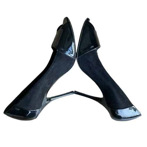 GUCCI Black Suede & Patent Leather GG Logo Detail Peep Toe Pumps, Size 35.5 C